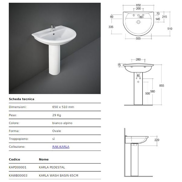 LAVABO KARLA RAK CM 65X51 BIANCO