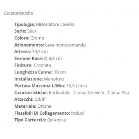 MISCELATORE LAVELLO CANNA ALTA  RECLINABILE STICK  PAFFONI SK189CR