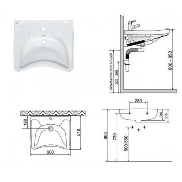 LAVABO PER DISABILI CM 68X55 BIANCO BOCCHI
