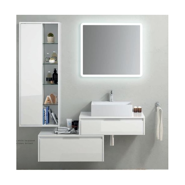 COMPOSIZIONE BASE SOSPESA A CASSETTONE + CASSETTONE LATERALE TREVI BIANCO CM. 130 CON SPECCHIO RETROILLUMINATO COMPLETO LAVABO