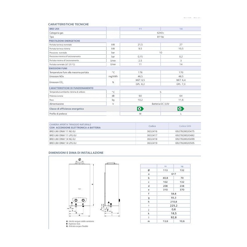 SCALDABAGNO A GAS CHAFFOTEAUX  BRD LNX ONM 14 LT  CAMERA APERTA METANO