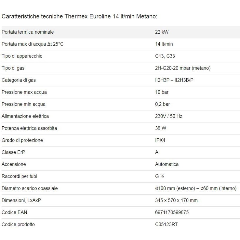 SCALDABAGNO A GAS TERMEX EUROLINE METANO CAMERA STAGNA PER ESTERNI 14 LT
